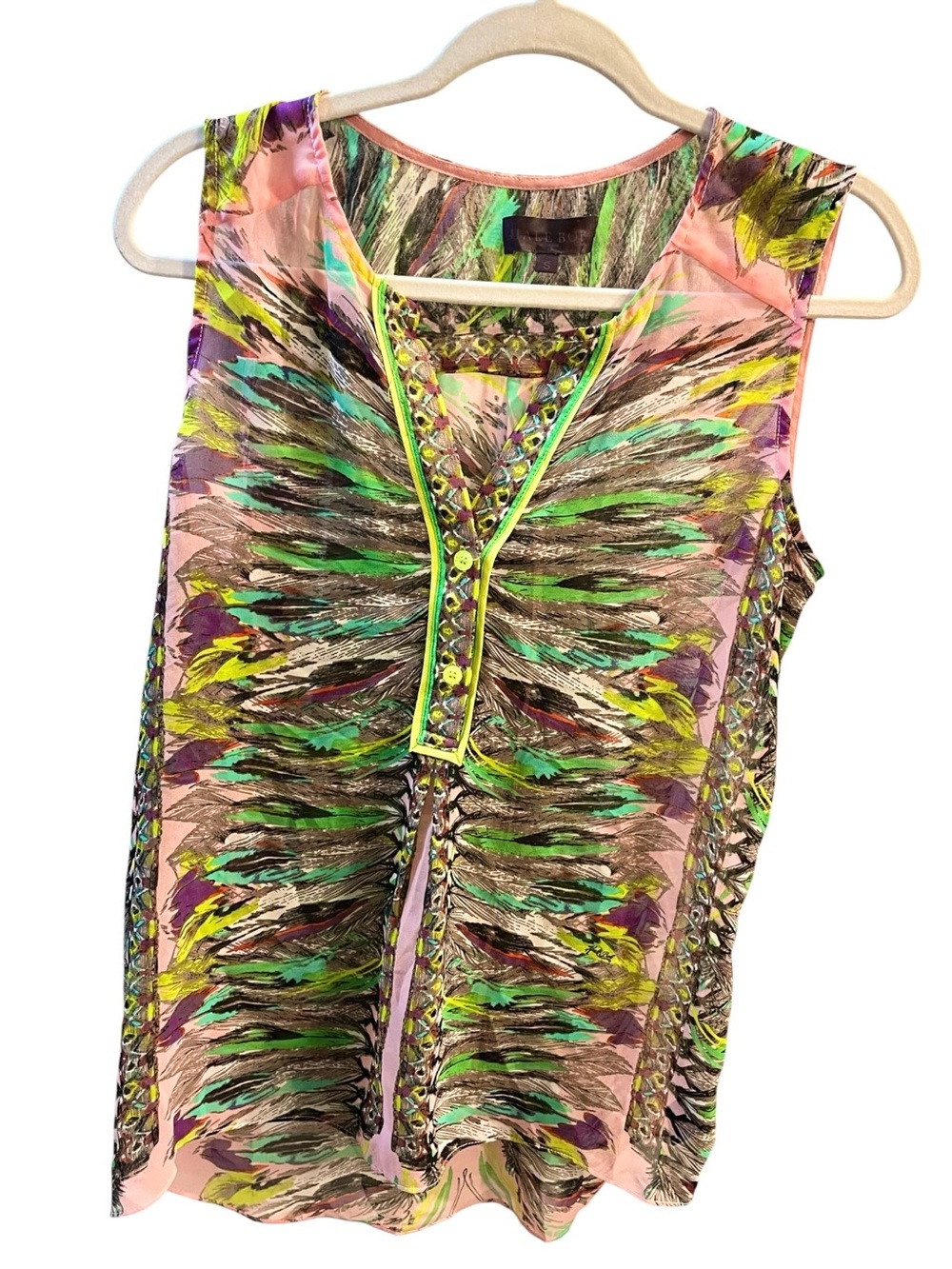 Hale Bob Pink Sleeveless Feather-Print Camisole with Green Accents